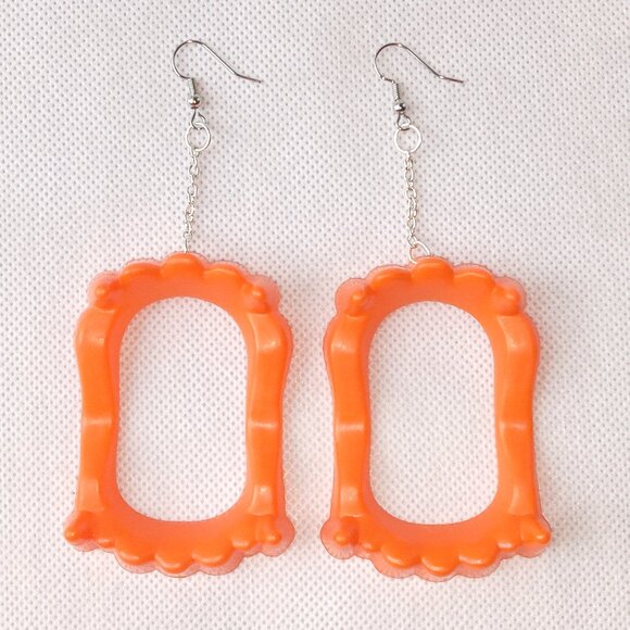 🎯 10 for $12 / Orange Vampire Teeth Earrings, Weird Handmade Earrings - Picture 5 of 10